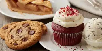 Assortment of classic American desserts like apple pie, chocolate chip cookies, and red velvet cupcake.