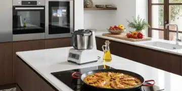 Cocina española moderna con electrodomésticos de última generación preparando una paella.
