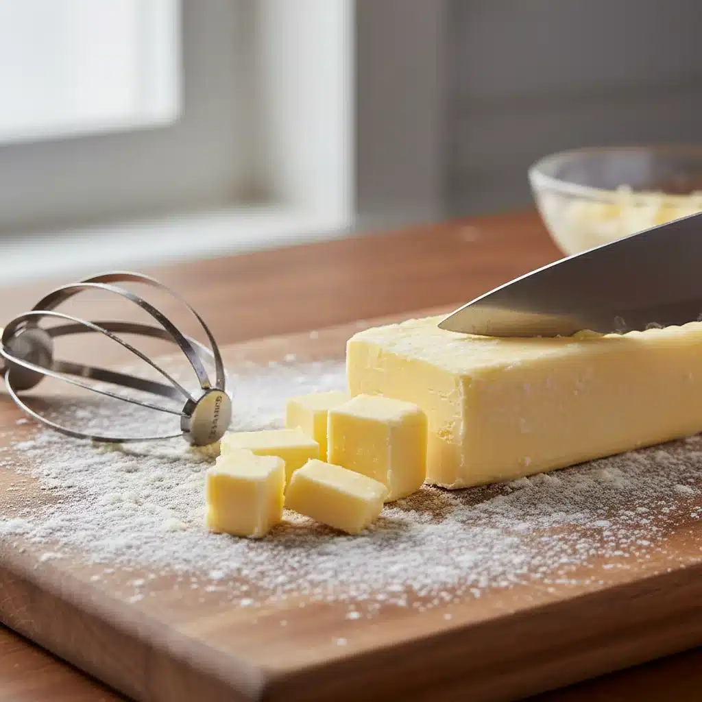 Cold butter cubes being cut for pie crust preparation.