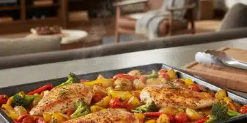 Colorful sheet pan dinner with chicken and vegetables, freshly roasted
