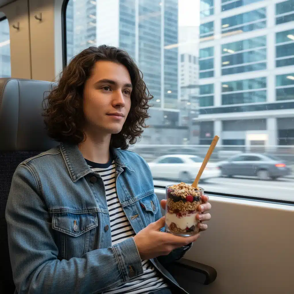 Commuter enjoying a healthy portable snack on public transport.