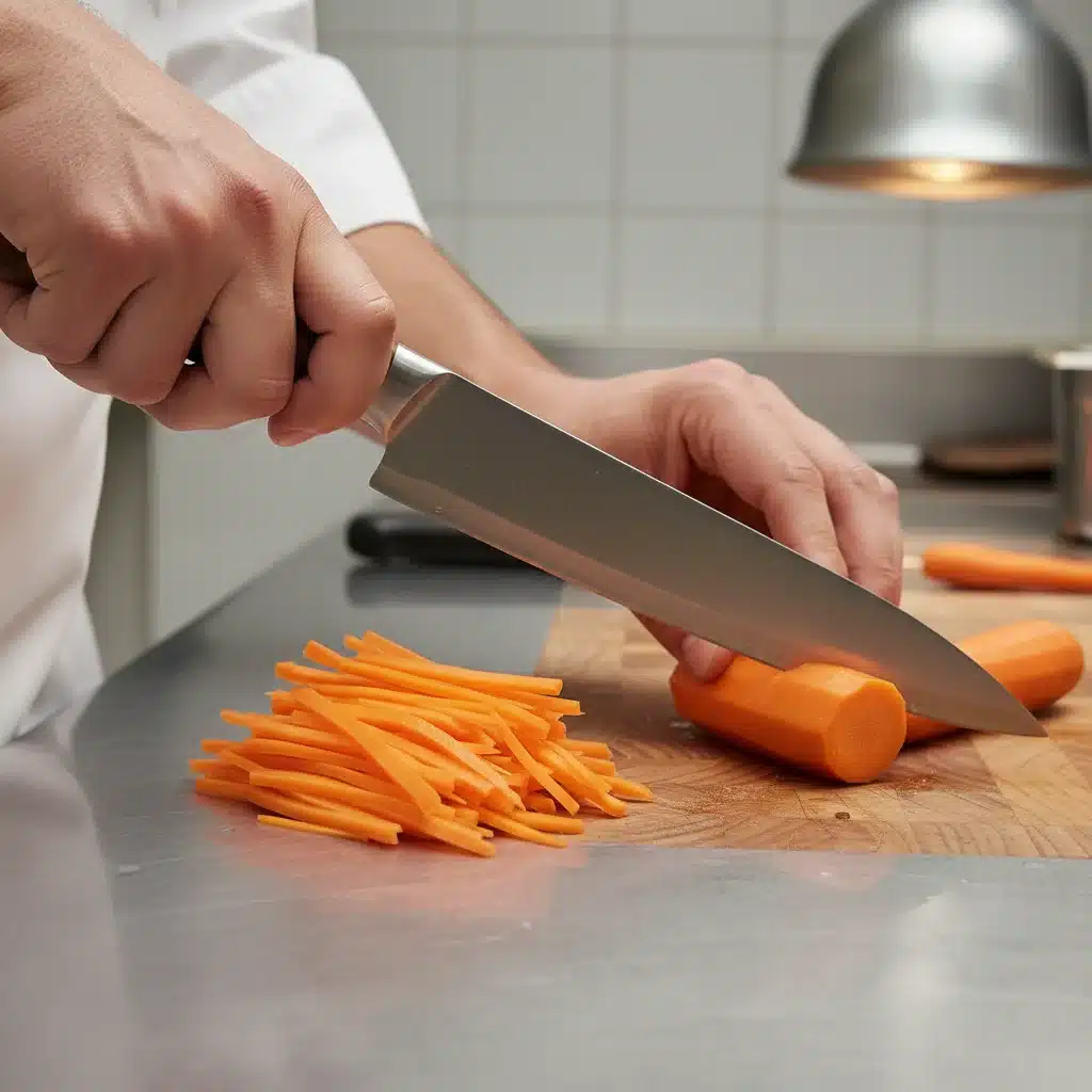 Manos de chef realizando un corte juliana perfecto en una zanahoria.