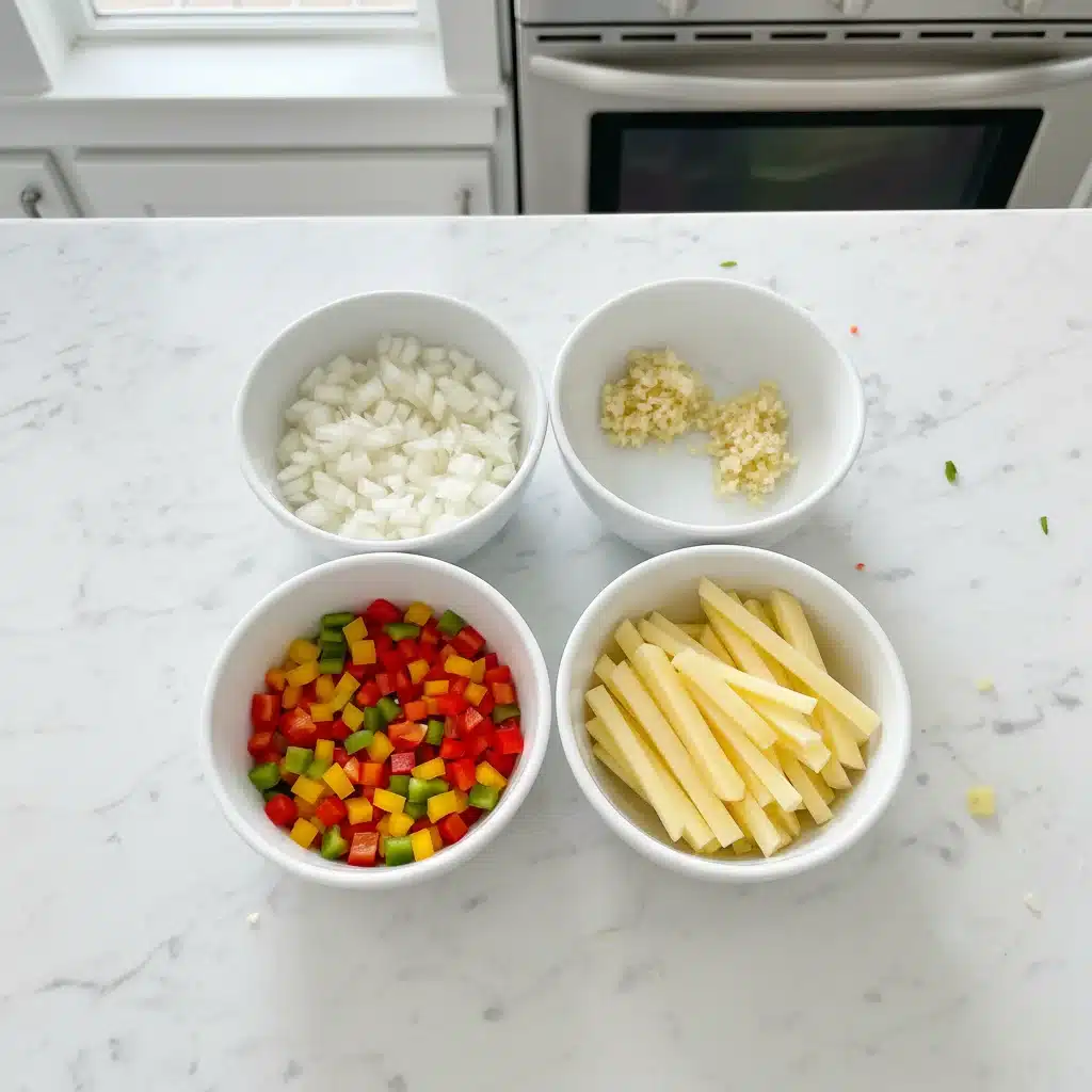 Diferentes tipos de cortes de verduras organizados en cuencos sobre una encimera.