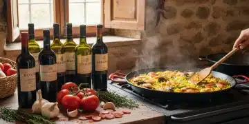 Cozinha rústica com vinhos espanhóis, ingredientes frescos e uma paella, simbolizando o ato de cozinhar com vinho.