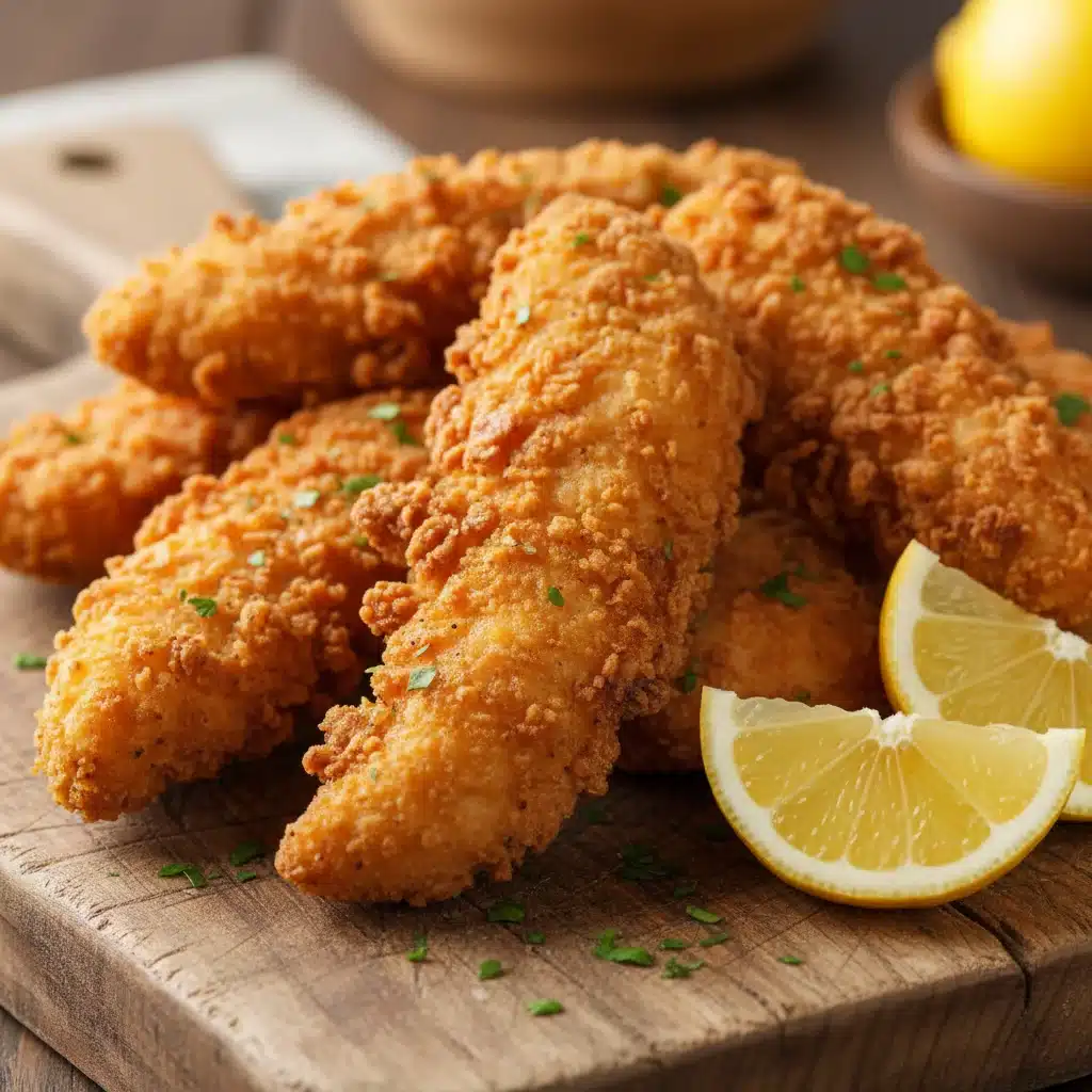 Crispy air-fried chicken tenders on wooden board with lemon