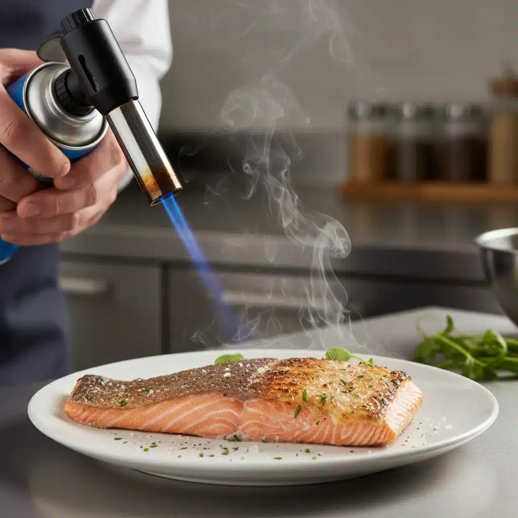 Home chef using a culinary torch to crisp the skin of a fish fillet.