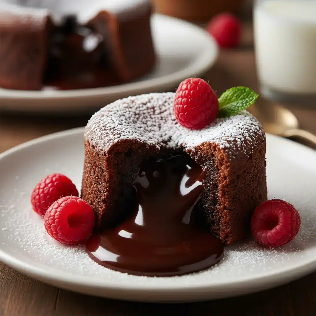 Decadent chocolate lava cake with molten center and raspberry garnish.
