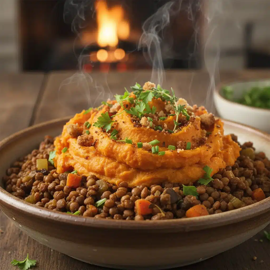 Deconstructed lentil shepherd's pie with sweet potato mash in a ceramic bowl