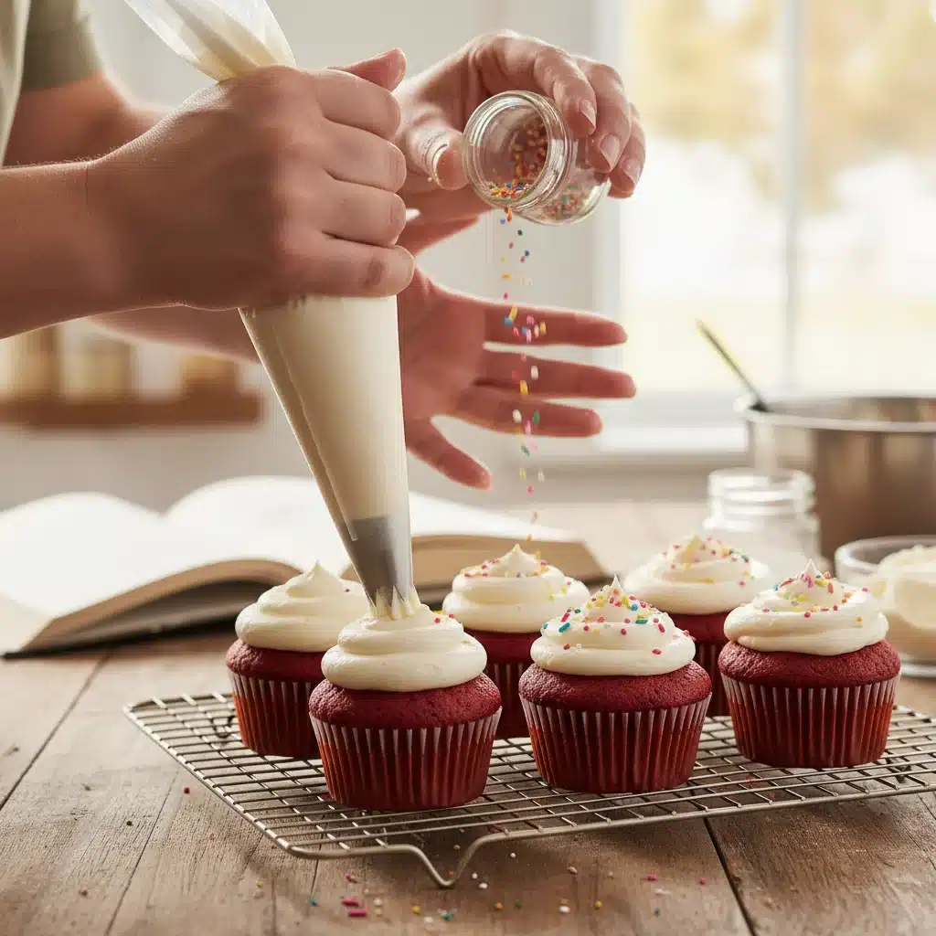 Baker decorating red velvet cupcakes with cream cheese frosting and sprinkles.