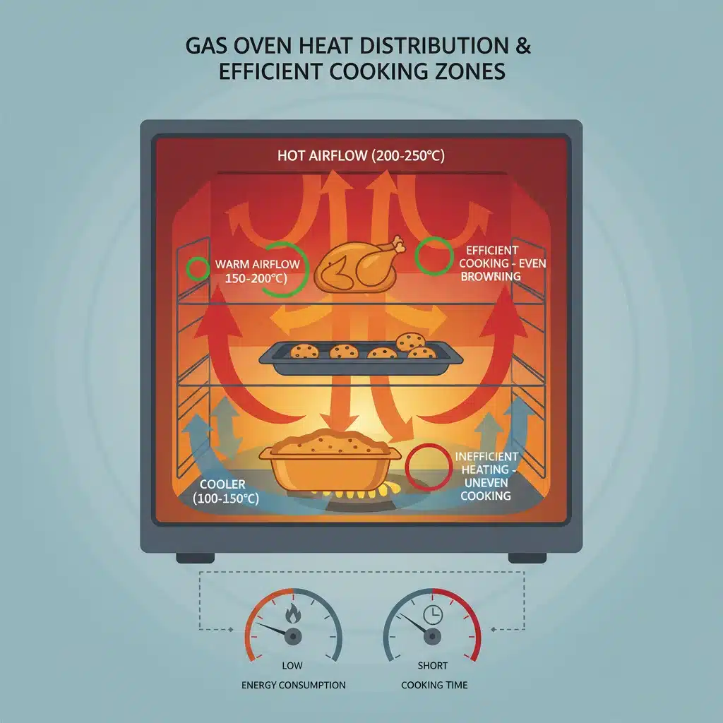 Ilustração de distribuição de calor dentro de um forno a gás, mostrando zonas de temperatura.