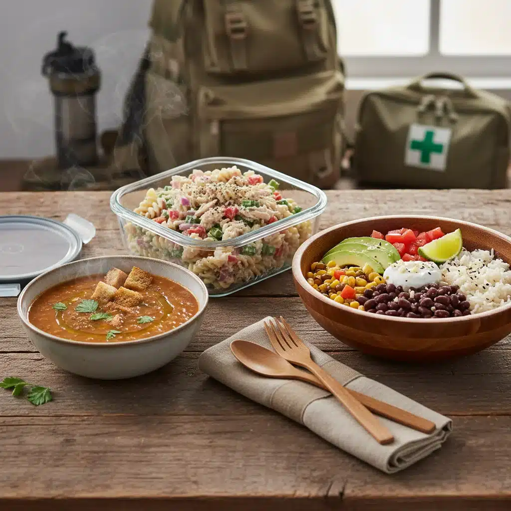 Three diverse emergency quick meals on a rustic table
