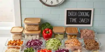 Efficient batch cooking setup with prepped ingredients for busy weeks