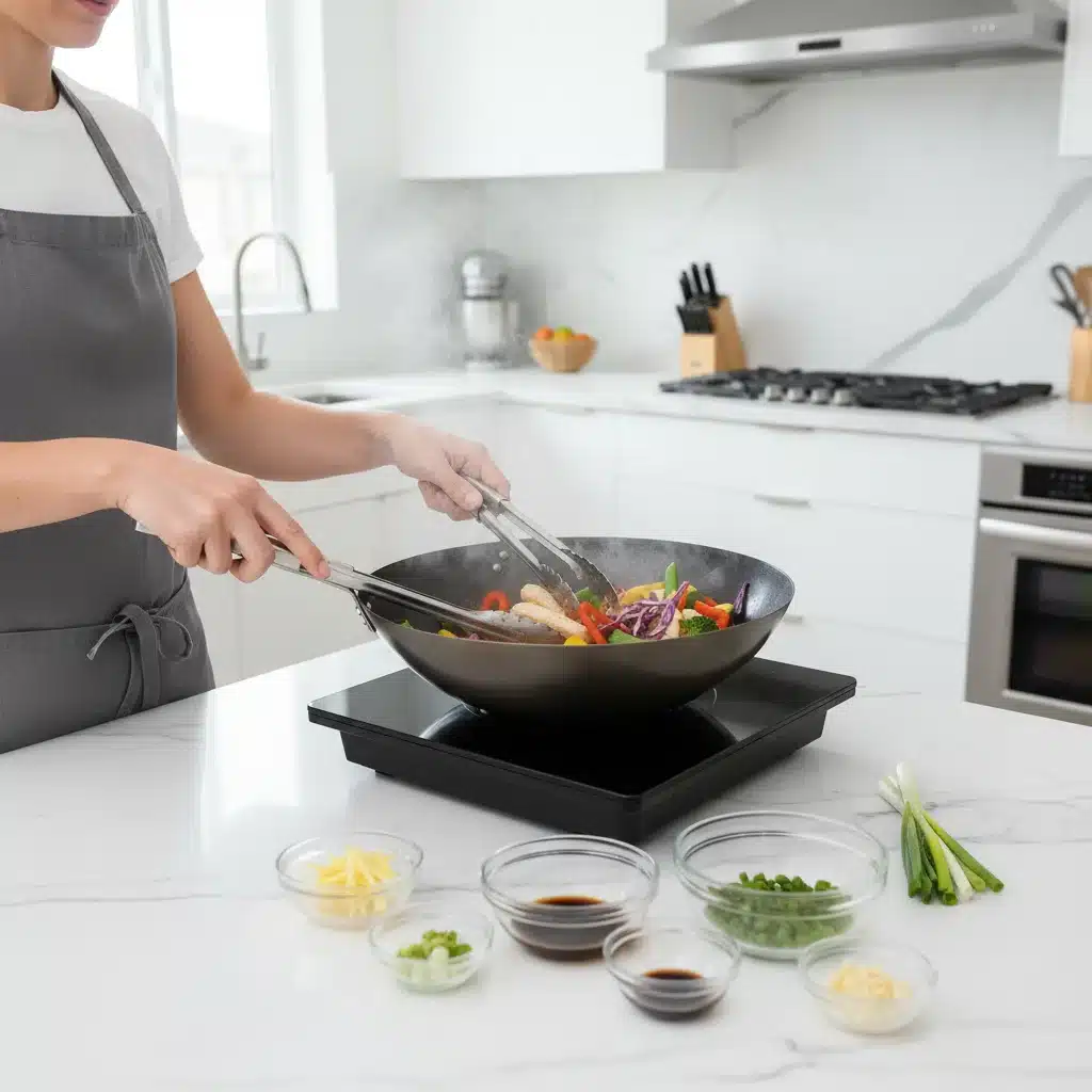 Person preparing a colorful stir-fry in a modern kitchen, highlighting efficient healthy cooking.