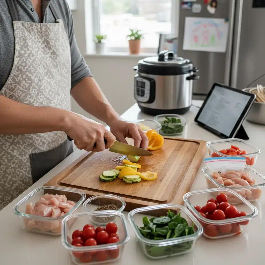 Parent efficiently preparing ingredients for a quick 5-ingredient dinner.