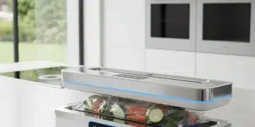 Envasadora al vacío doméstica de diseño futurista en una cocina moderna, sellando vegetales frescos con un 99% de eficiencia.