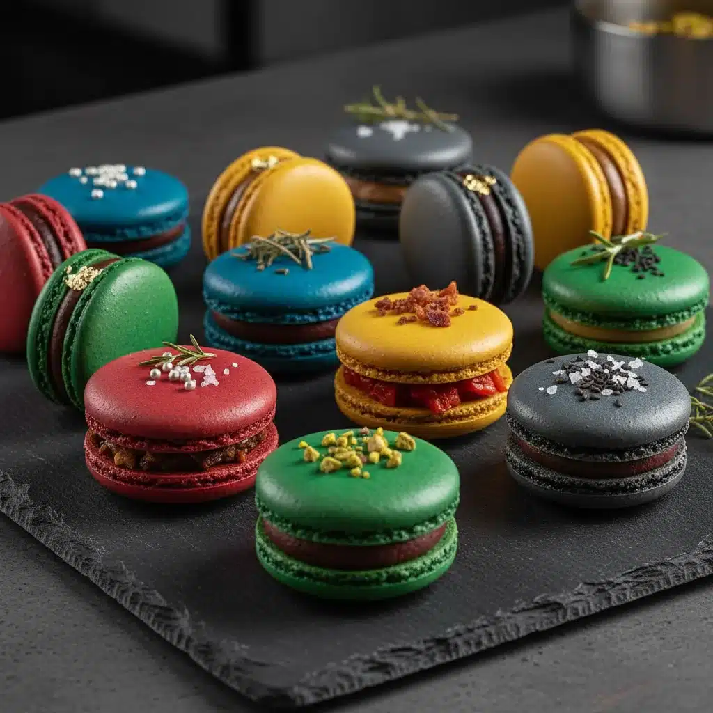Vibrant and uniquely flavored macarons with edible pearls and gold leaf, showcasing experimental confectionery.