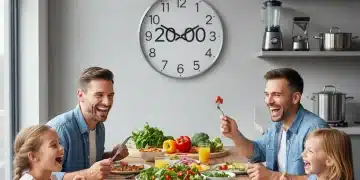 Family enjoying a quick and healthy 20-minute dinner, smiling at a modern kitchen table.