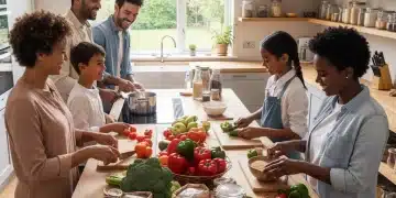 Family cooking budget-friendly meal together