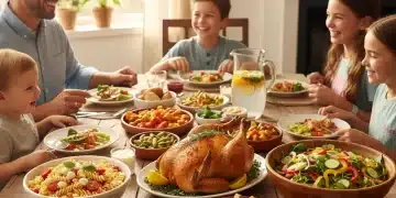 A diverse family enjoying a delicious spread of family-friendly main dishes at a brightly lit dinner table.