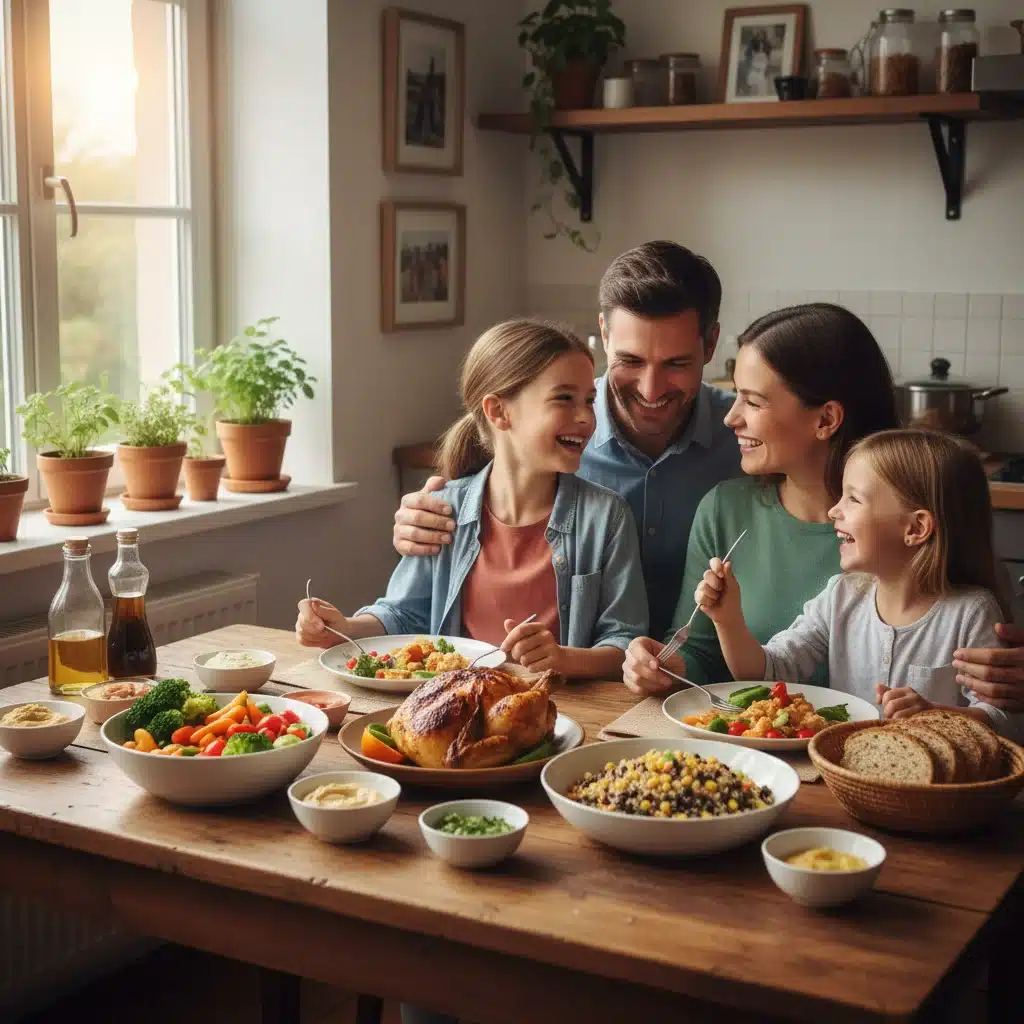 Happy family eating a healthy, budget-friendly home-cooked meal together.
