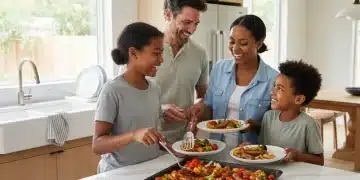 Happy family enjoying a one-pan meal together