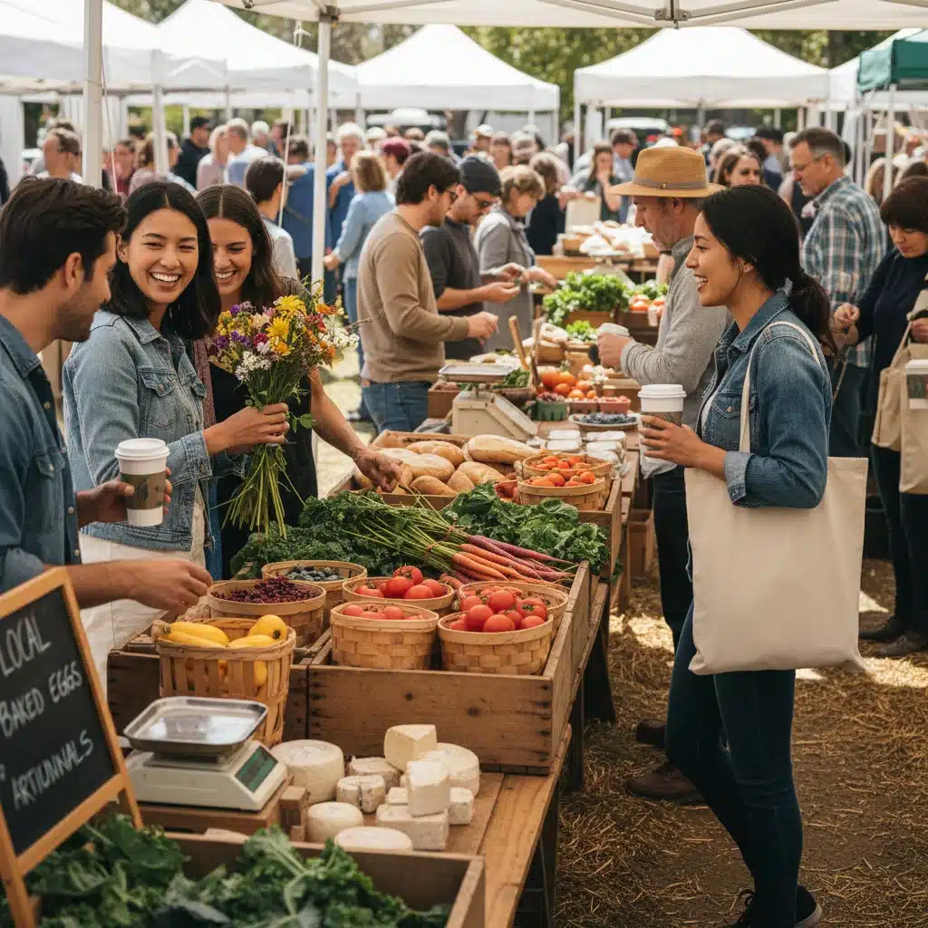 People shopping for fresh, local produce at a vibrant farmers' market, promoting sustainable food choices.