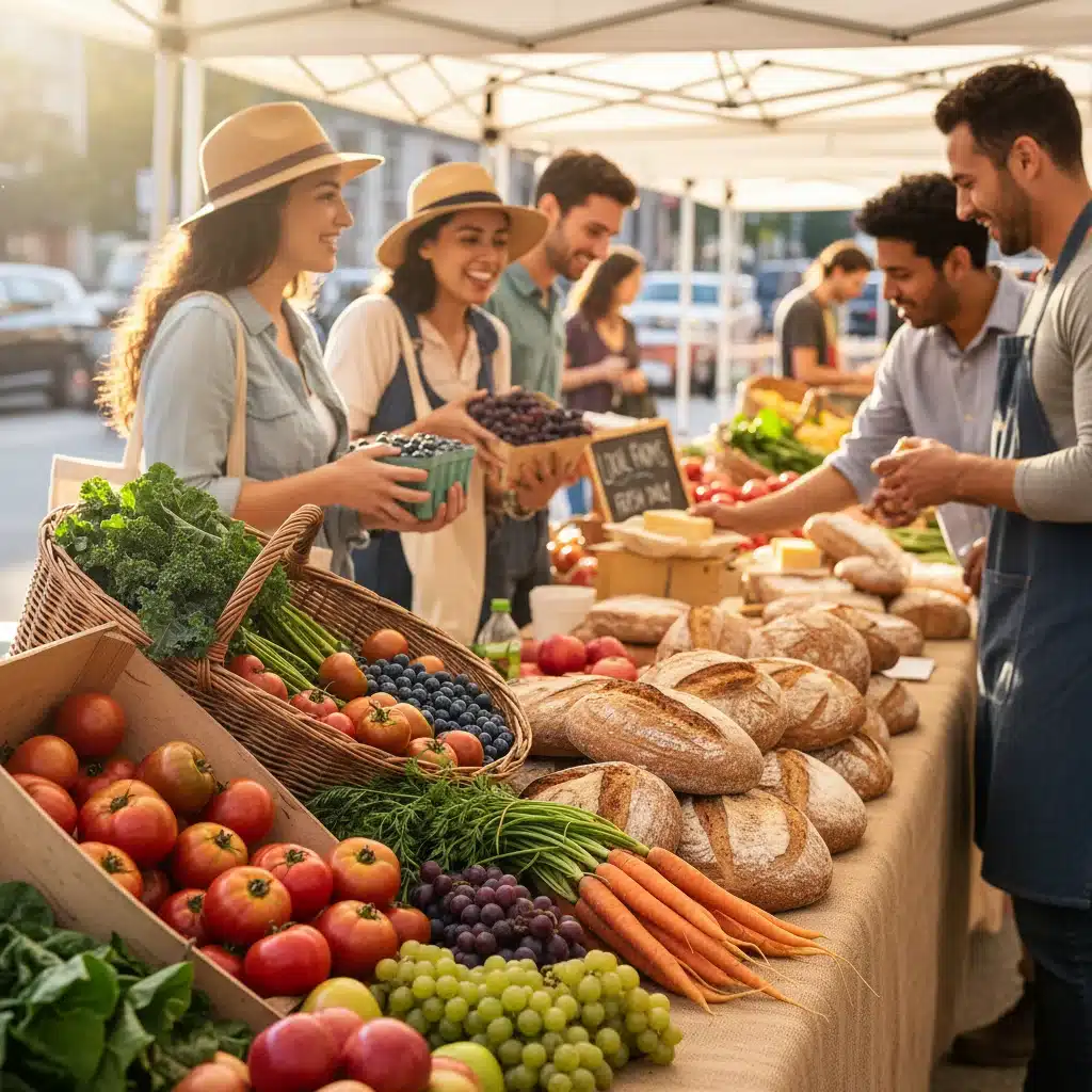 Urban farmers market with fresh organic produce, emphasizing local and sustainable sourcing.