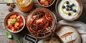 Assortment of homemade fermented foods, including kimchi, kombucha, yogurt, and sourdough, promoting gut health.