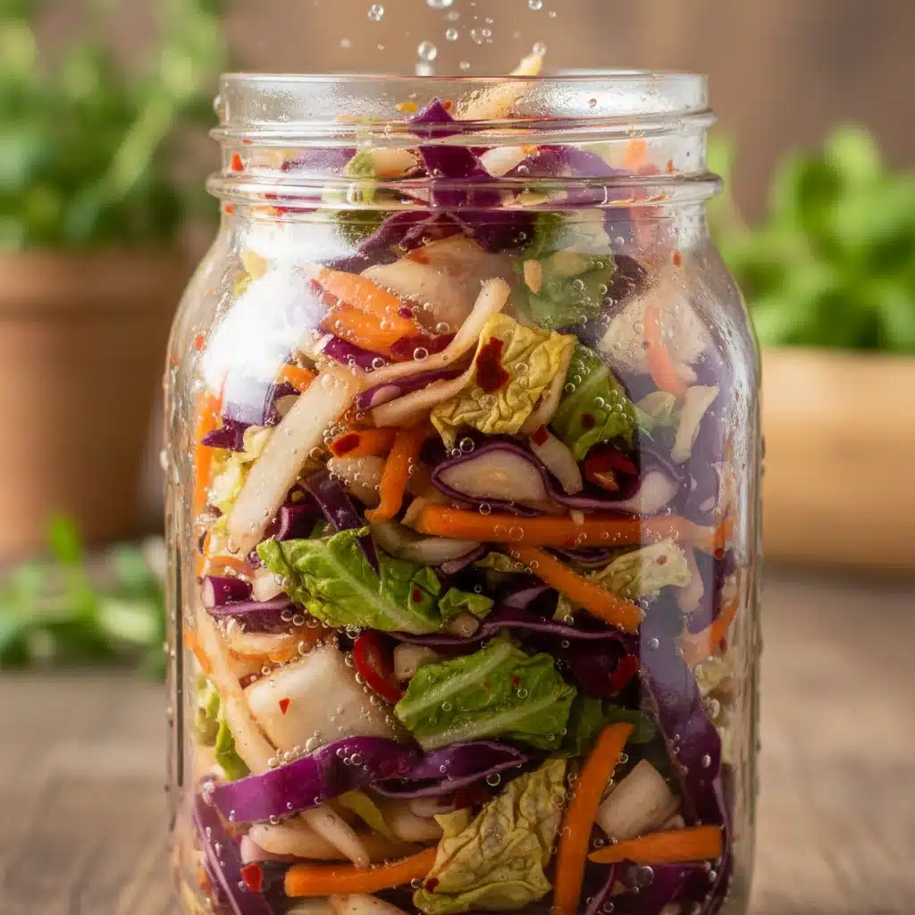 Close-up of vibrant fermented vegetables in a glass jar, showcasing active fermentation.