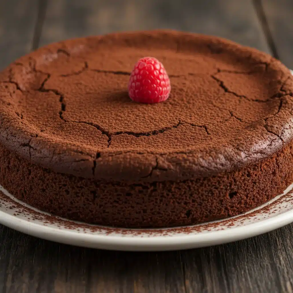 Decadent flourless chocolate cake with raspberry garnish.