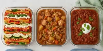 Three diverse freezer-friendly main dishes prepared and packed, ready for storage.