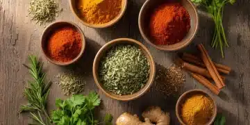 Assortment of fresh herbs and dried spices for cooking