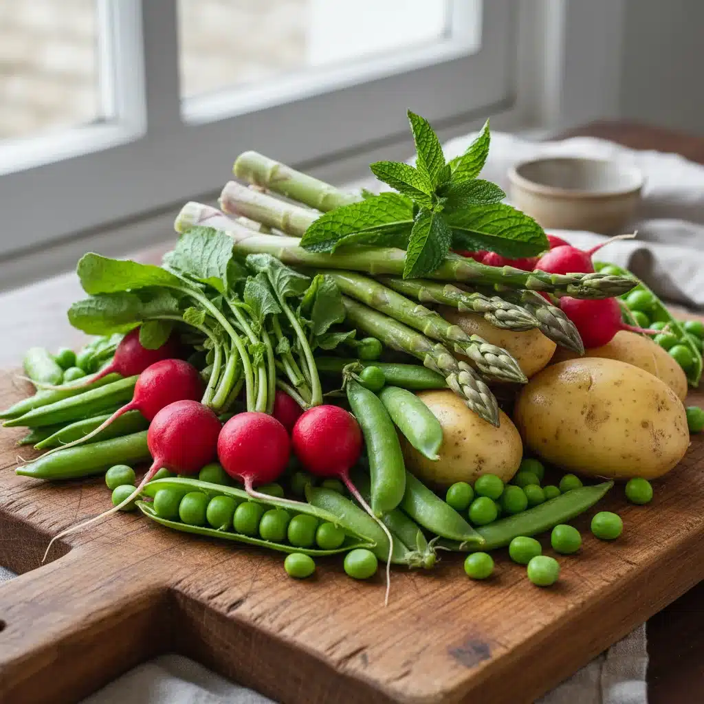 Assortment of fresh spring vegetables on a wooden board