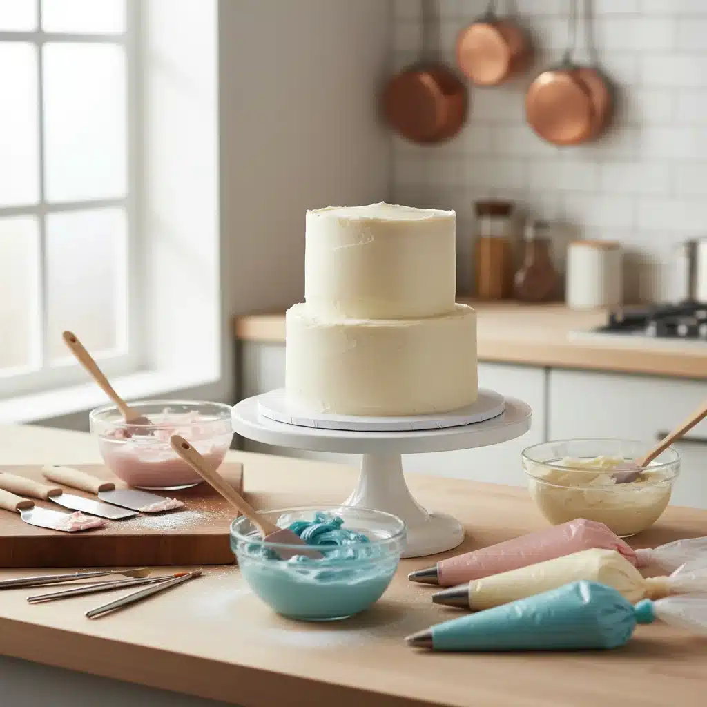 Organized baking workstation with various colored frostings and decorating tools