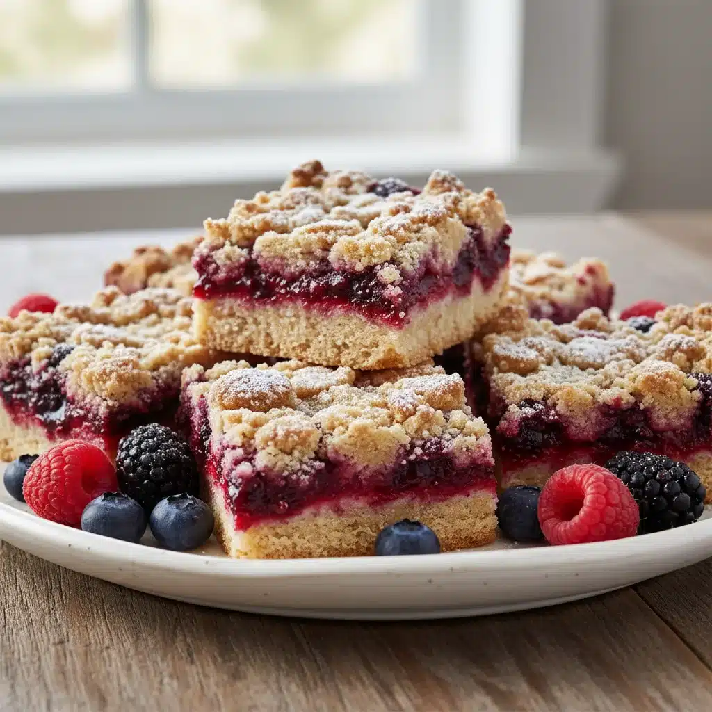 Frozen berry crumble bars thawing for serving