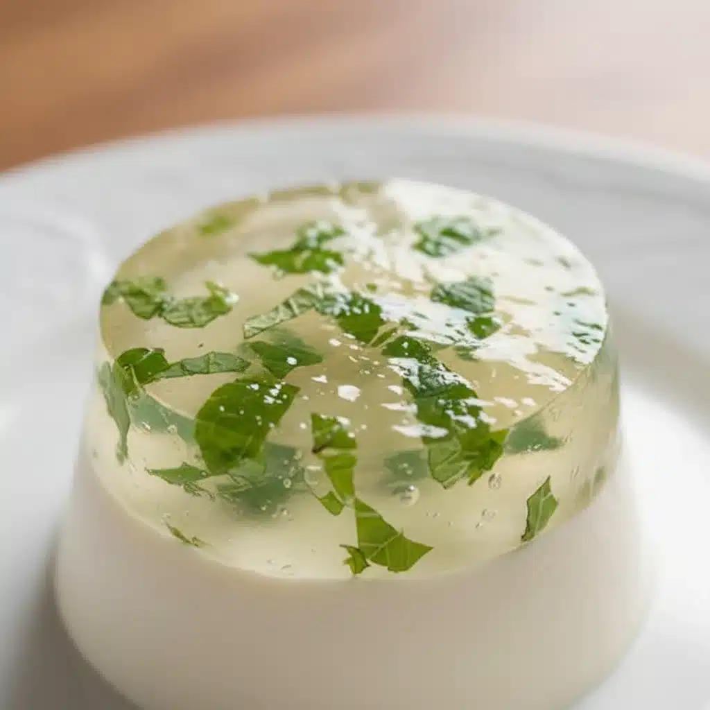 Close-up of a dessert with a shimmering fruit gelée topping and suspended herbs.