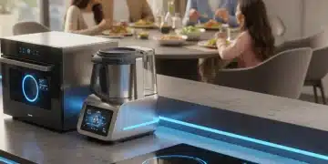 Futuristic kitchen with smart appliances preparing quick weeknight meals efficiently
