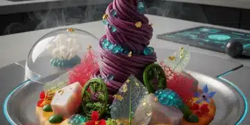 Futuristic main dish with vibrant colors and innovative presentation.