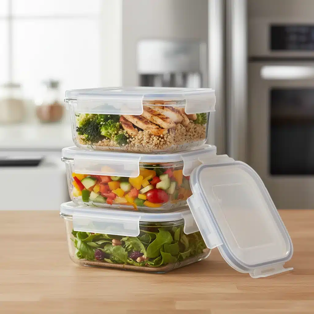 Stack of clear glass meal prep containers with airtight lids, displaying portioned meals.