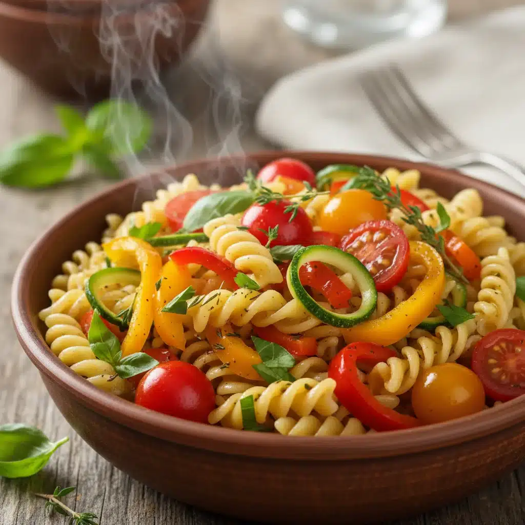 Close-up of vibrant gluten-free pasta primavera with fresh vegetables and herbs.