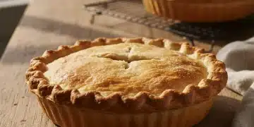 Golden-brown, flaky pie crust on a wooden table, ready for filling.
