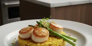 Seared scallops with saffron risotto and green asparagus, a gourmet main dish.