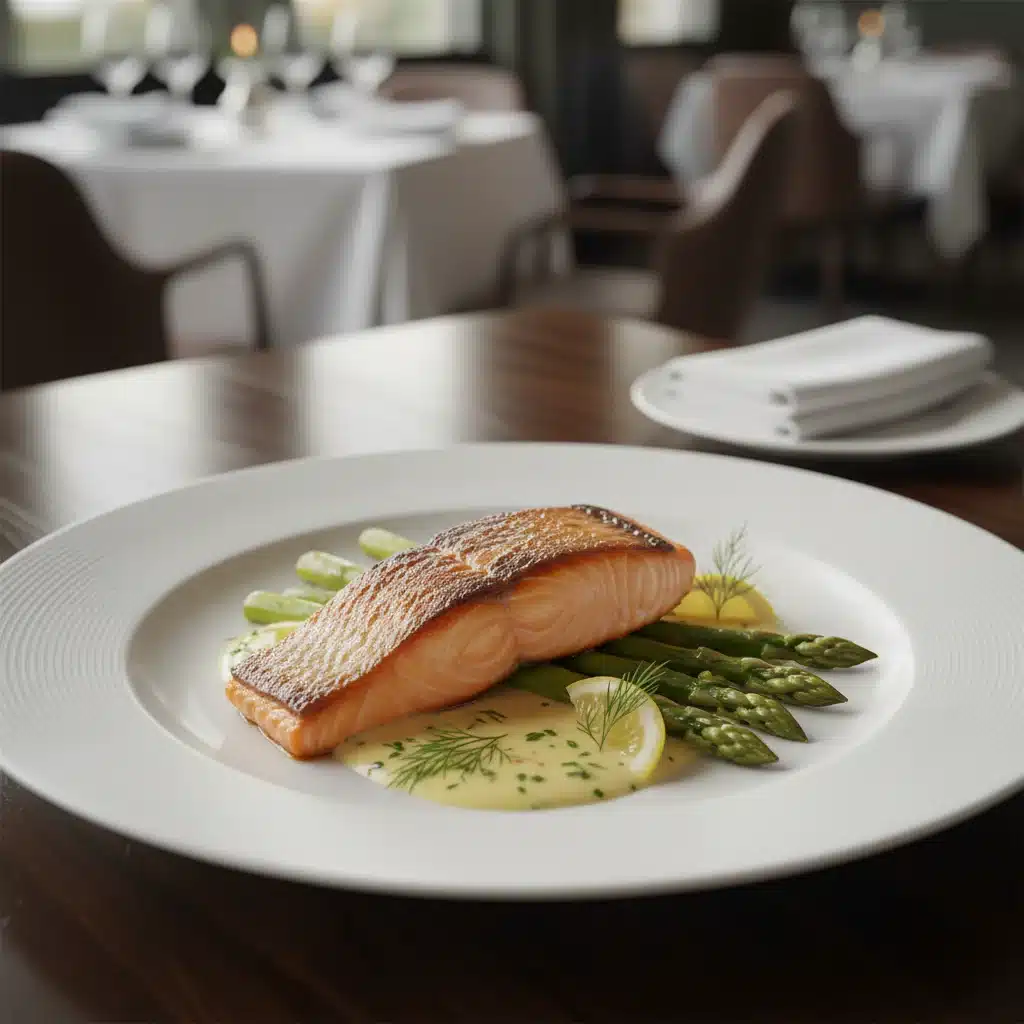 Gourmet sous vide salmon with asparagus and lemon-dill sauce, beautifully plated.