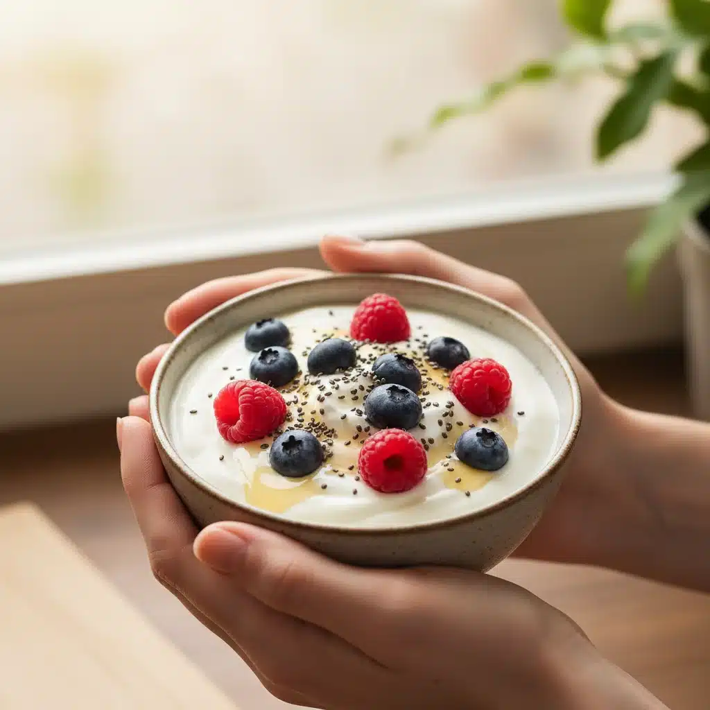 Creamy Greek yogurt with fresh berries and chia seeds, a healthy low-GI snack.