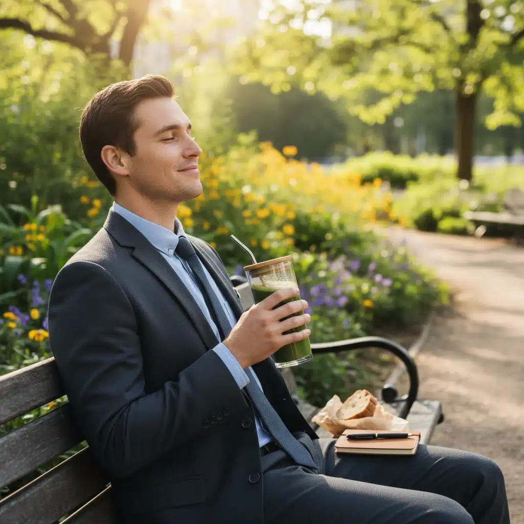 Professional enjoying a green smoothie outdoors during a break.