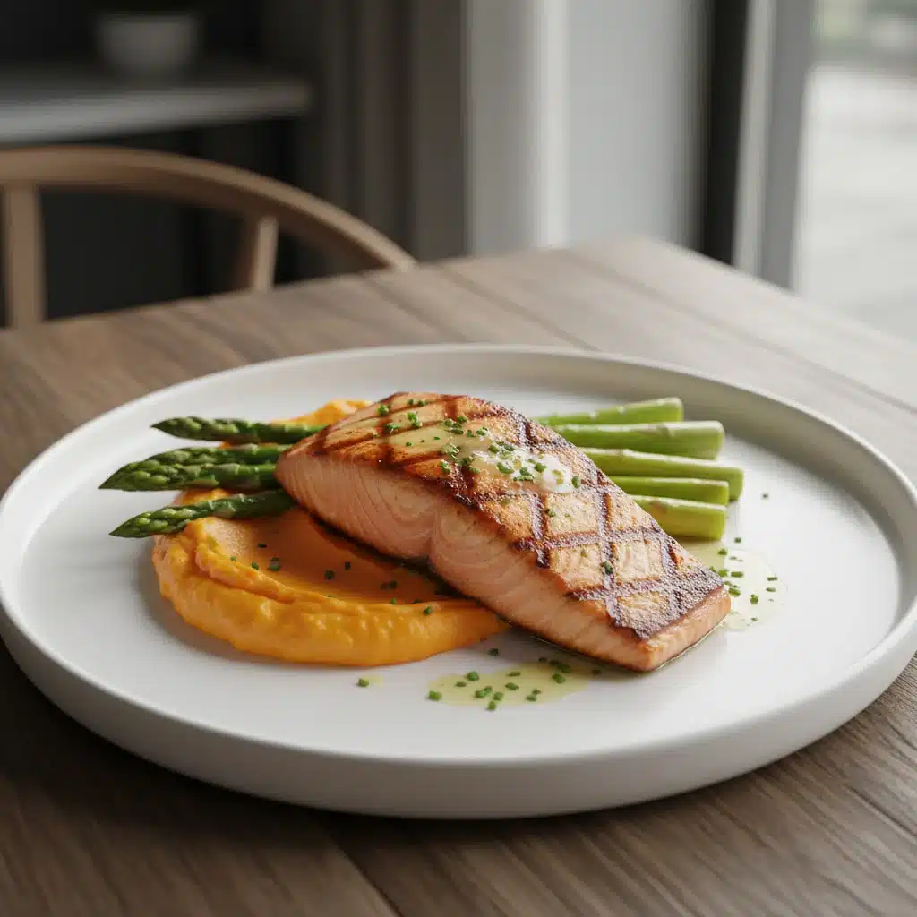Grilled salmon with asparagus and sweet potato, a balanced and healthy main dish.