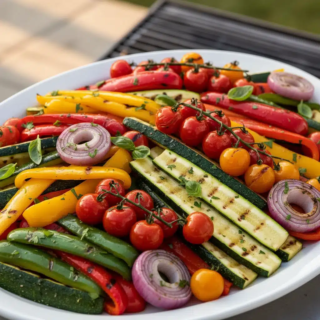Vibrant platter of perfectly grilled bell peppers, zucchini, onions, and cherry tomatoes.