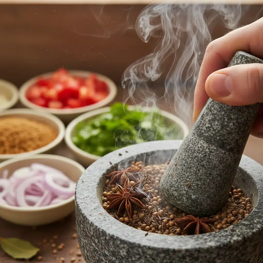 Mortar and pestle grinding whole spices for fresh, aromatic quick meal flavor.