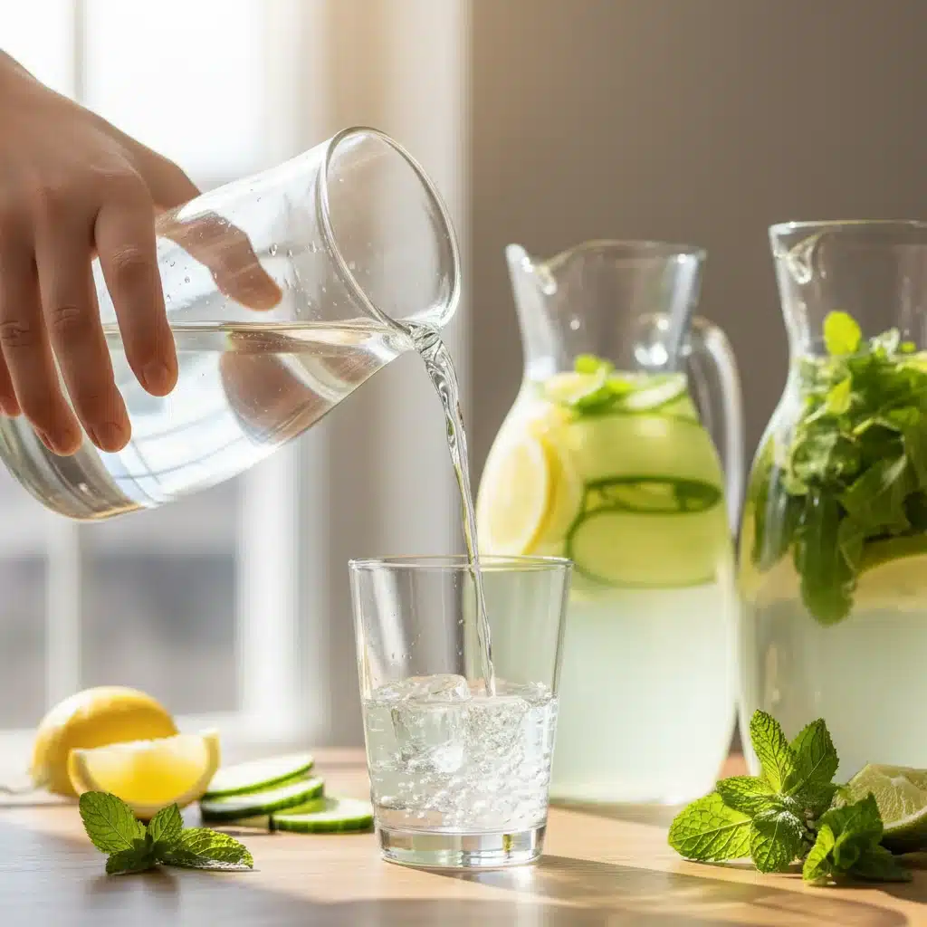 Person pouring water, with natural fruit and herb infusions in the background, representing healthy drink choices.