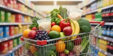 Grocery cart filled with fresh produce, symbolizing a healthy diet and reducing added sugars.